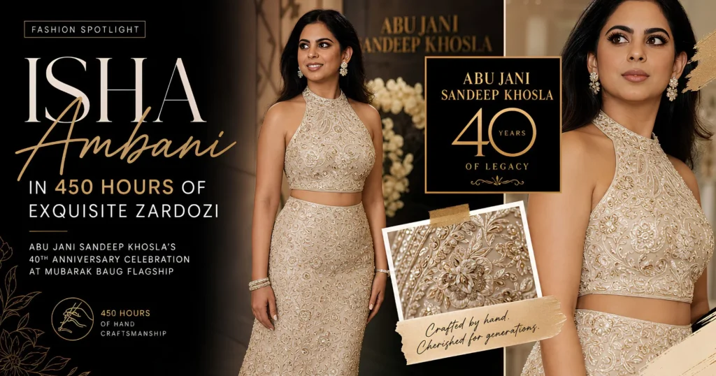 Isha Ambani’s 450-Hour Zardozi Look at Abu Jani Sandeep Khosla’s 40th Anniversary
