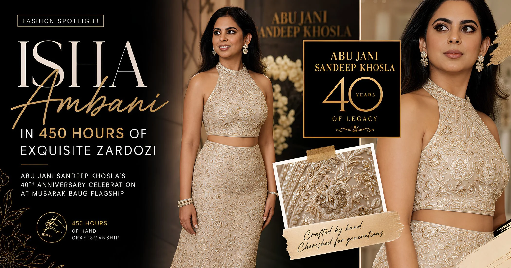 Isha Ambani’s 450-Hour Zardozi Look at Abu Jani Sandeep Khosla’s 40th Anniversary